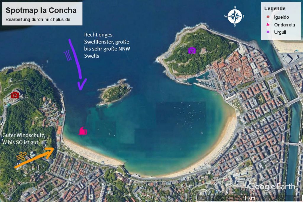 Surfen in San Sebastián: Spotkarte von la Concha