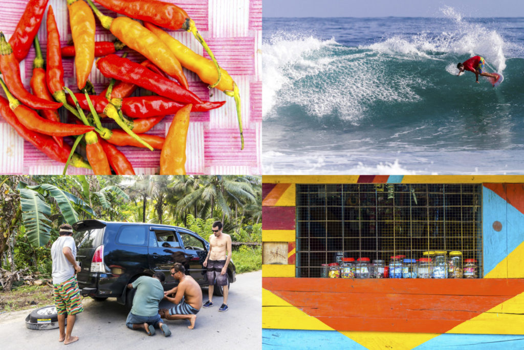 Vier Bilder Collage mit Chilis, einem Auto mit Panne, einem Straßenkiosk und einem Surfer auf einer Welle