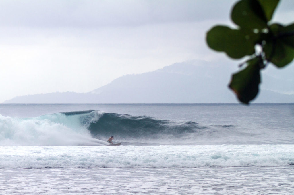 Ein Surfer beim Bottom Turn auf einer großen Welle.