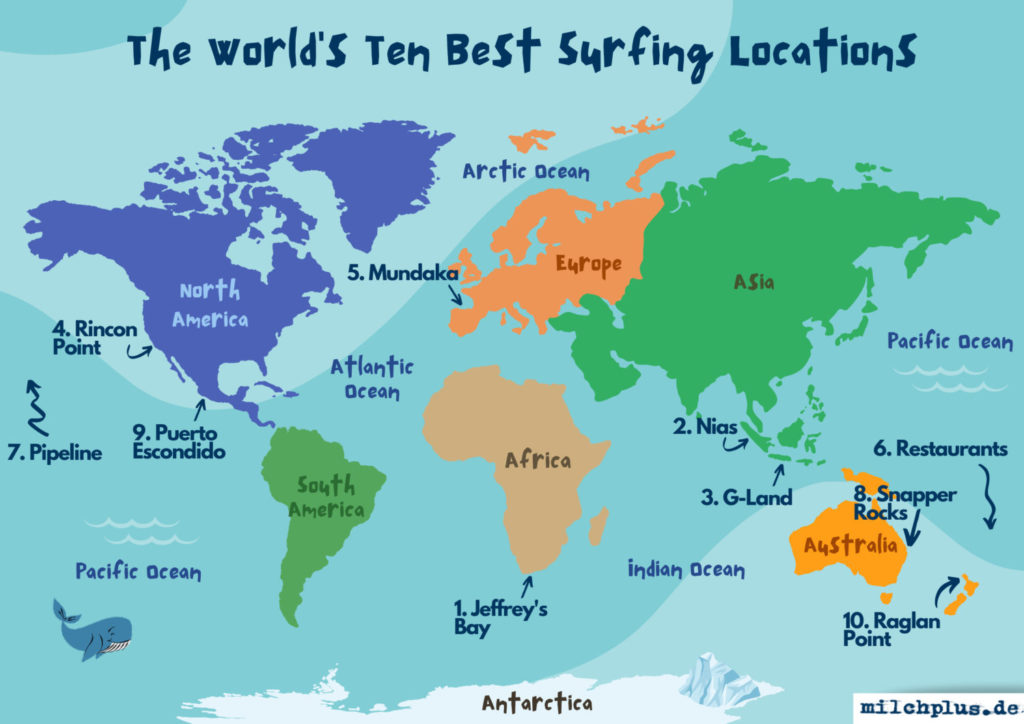 Die zehn besten Surf-Spots der Welt: Eine Karte mit den Spots.