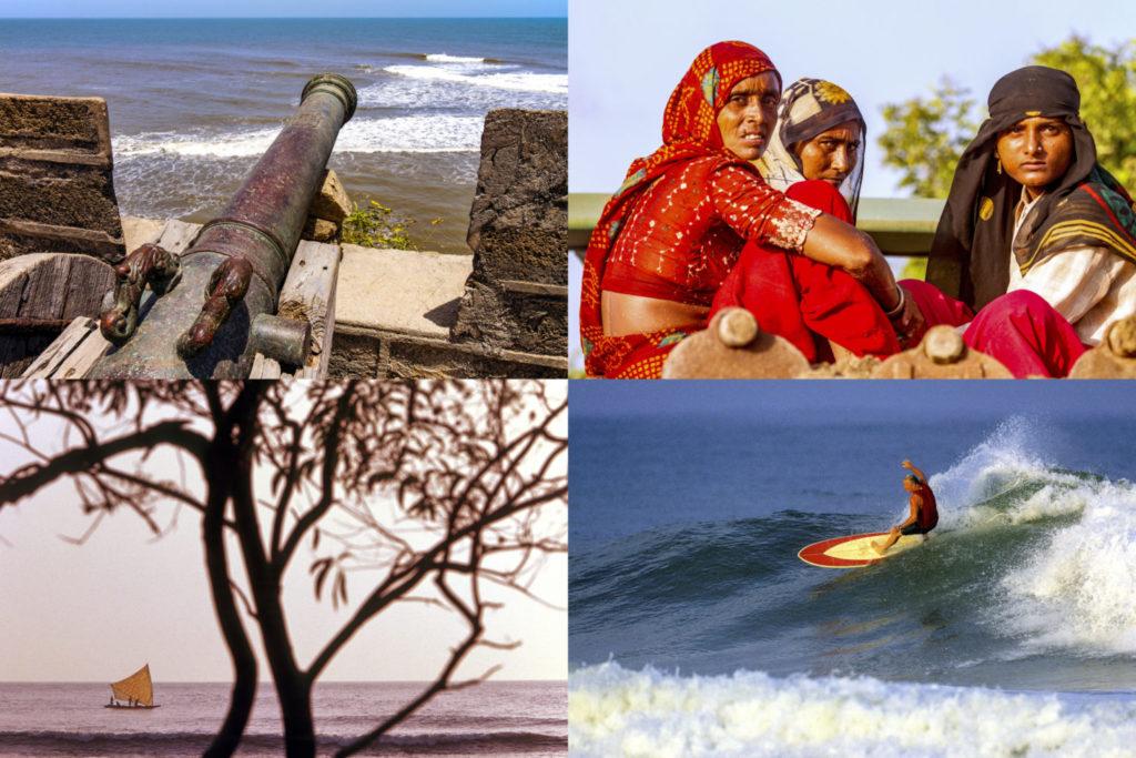 Indien, Wellen und Menschen an Ost- und Westküste.
