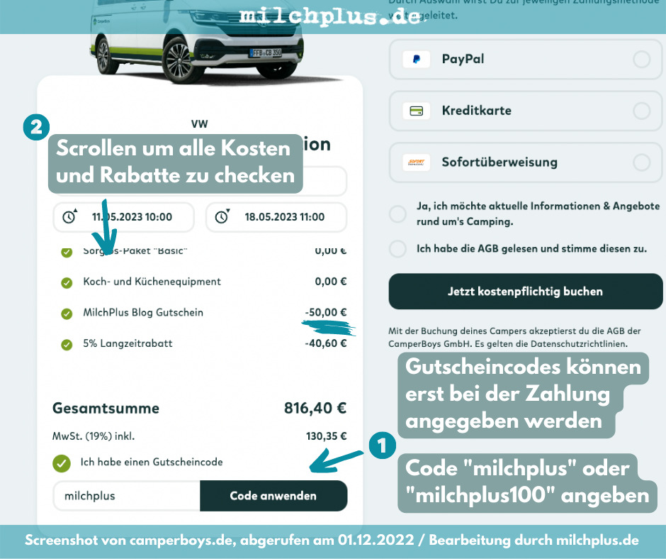 Camperboys im Test: Gutscheincode im letzten Schritt anwenden