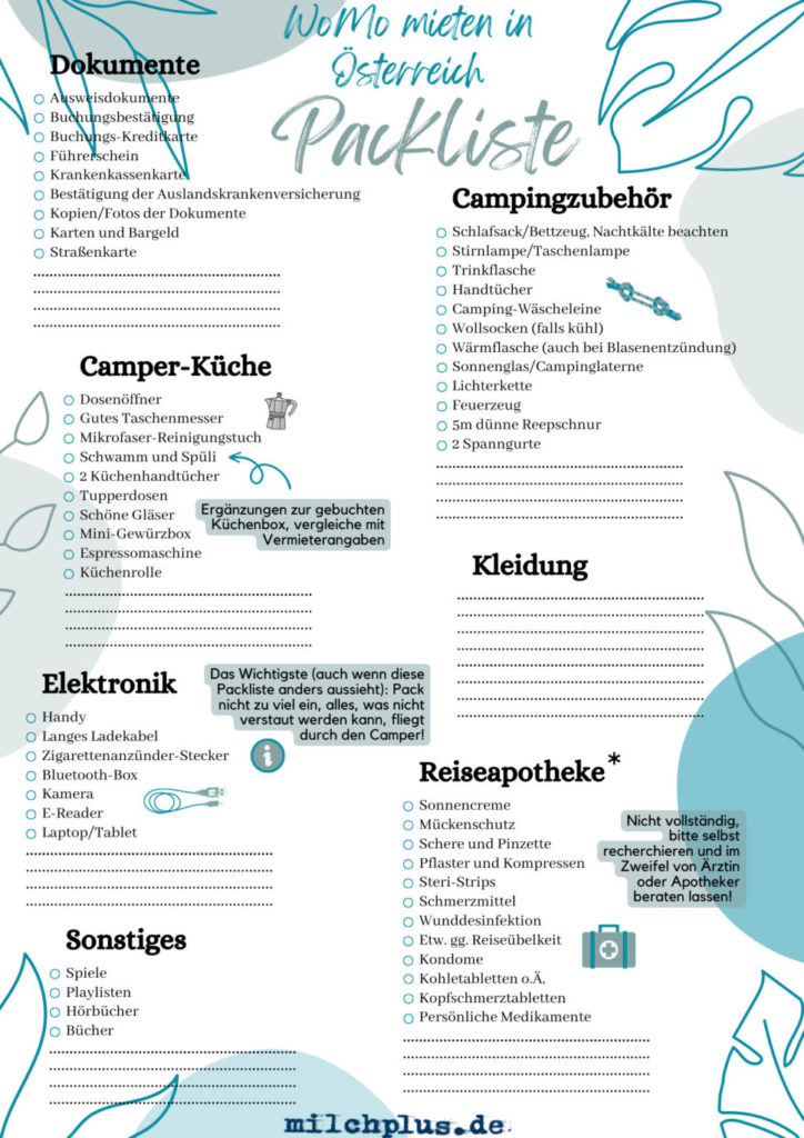 Wohnmobil mieten in Österreich: Packliste zum Ausdrucken