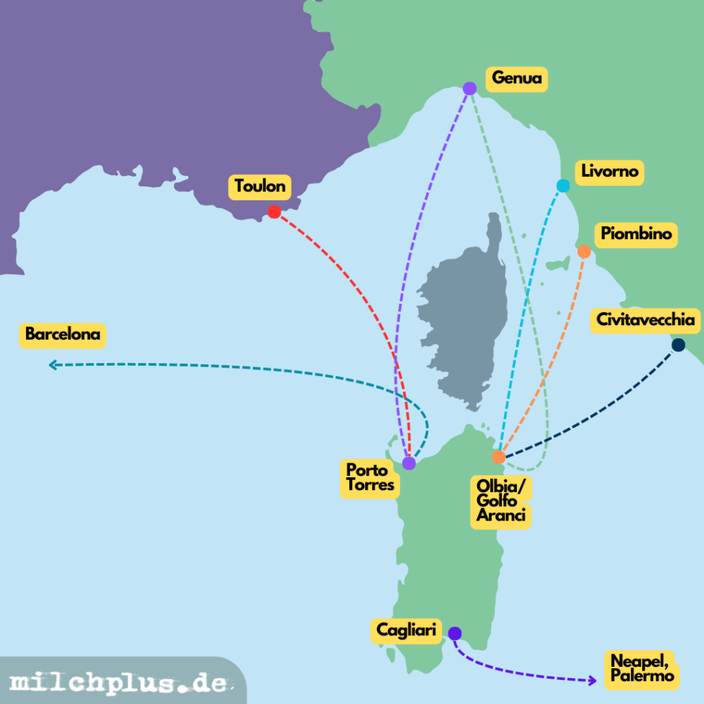 Mit Wohnmoibil und Fähre nach Sardinien: Karte der Fährverbindungen nach Sardinien