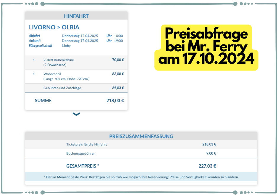 Mit Fähre und Wohnmobil nach Sardinien: Preise für die Überfahrt von Livorno nach Olbia