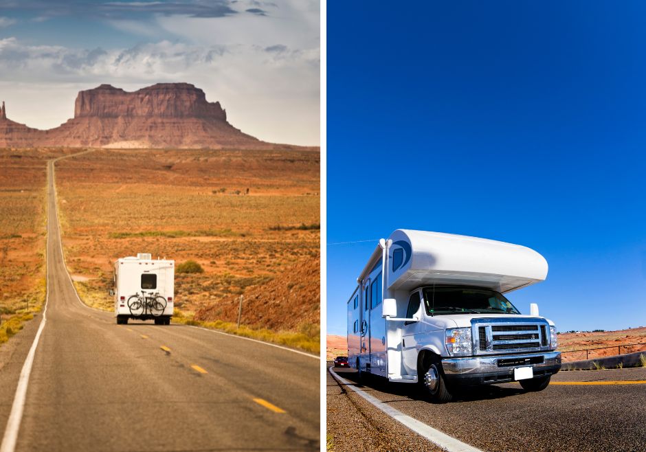 Wohnmobil mieten in den USA: Titelbild mit zwei Wohnmobilen in der Wüste