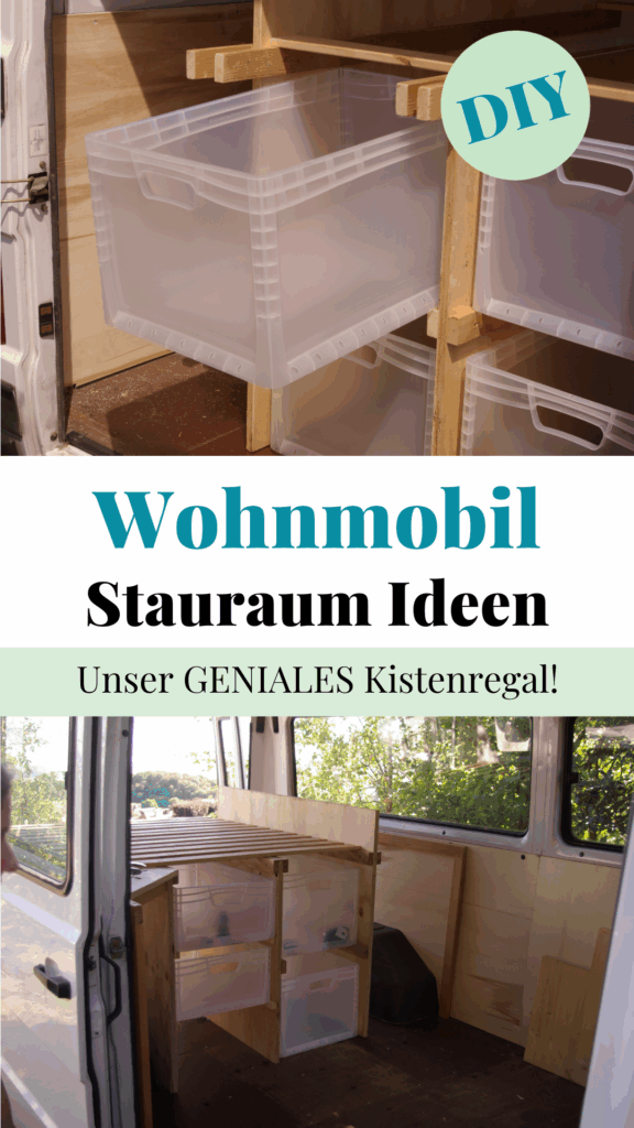 Wohnmobil Stauraum Ideen: Eine Collage aus Bildern vom Eurokistenregal, darunter der Text "Wohnmobil Stauraum Ideen"