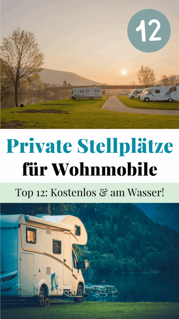 Kostenlose Stellplätze für Wohnmobile: Pinterest Pin der zwei Bilder mit Wohnmobilen am Wasser zeigt